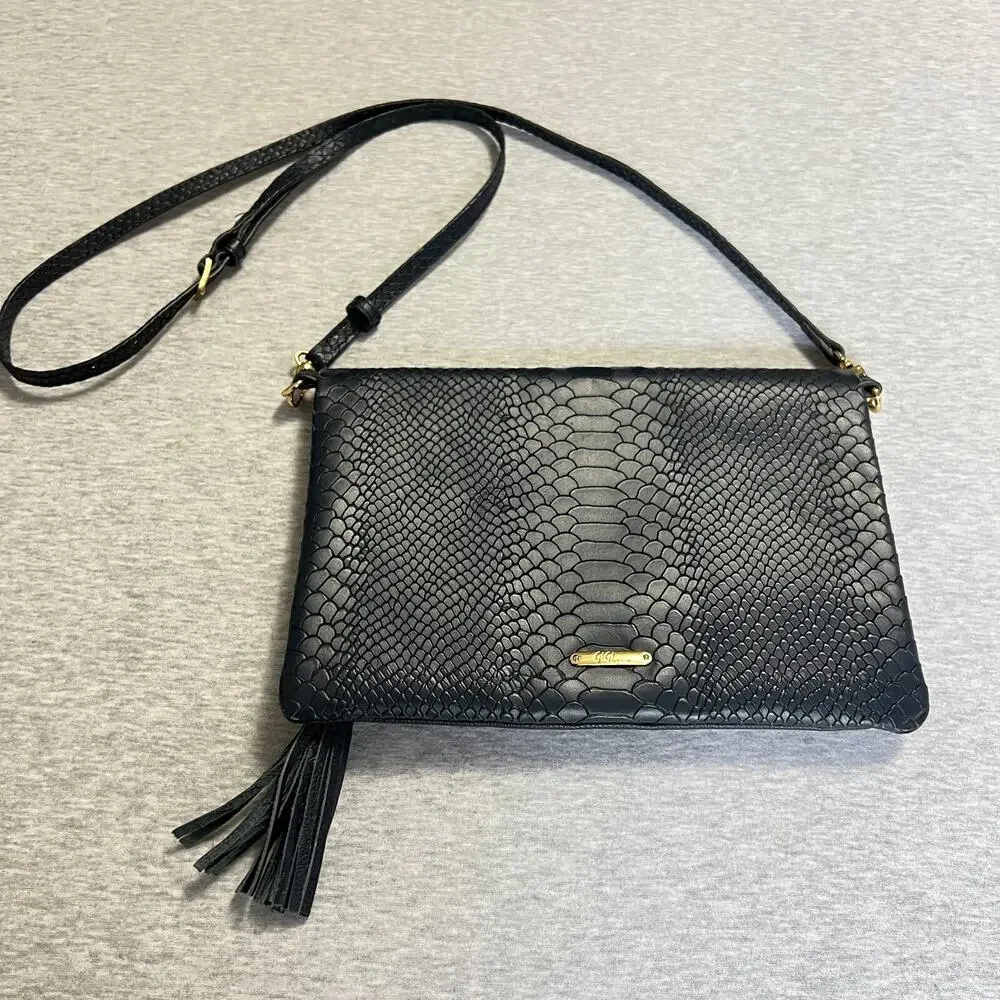 Gigi New York Clutch Crossbody Bag Navy Embossed Python Leather Gold Logo Tassel
